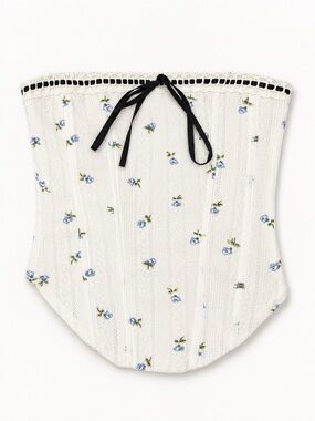 Loucia White Blue Floral Pointelle Corset Tube Top Lace Trim Size S NWT